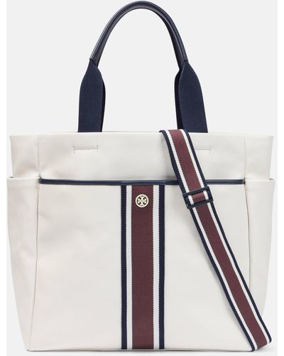 Tory Sport Leather-trimmed Logo Canvas Tennis Bag - White