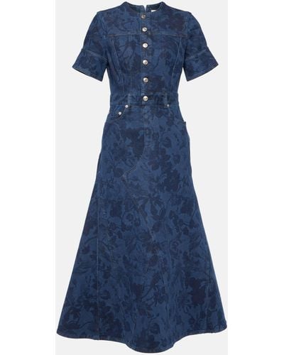 Erdem Floral-print Stretch-denim Midi Dress - Blue