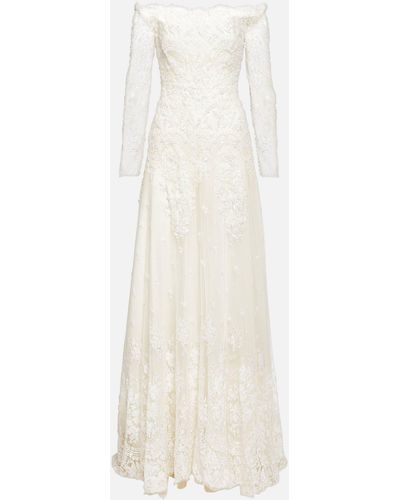 Costarellos Bridal Beaded Off-shoulder Lace Gown - White