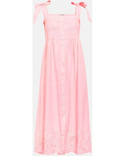 Juliet Dunn Embroidered Cotton And Linen Midi Dress - Pink