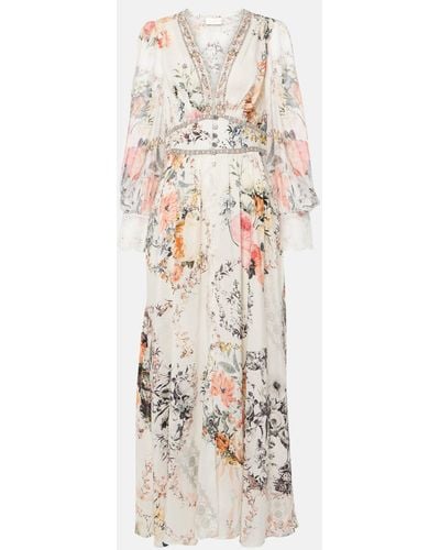 Camilla Floral Linen And Silk Maxi Dress - Natural