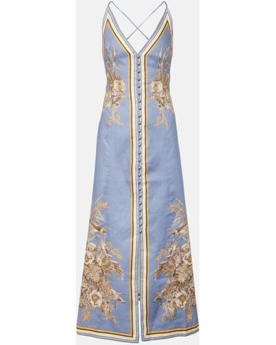 Zimmermann Ottie Floral Linen Slip Dress - Blue