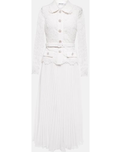 Self-Portrait Belted Waist Crystal Embellished Guipure Lace Midi Dress - White