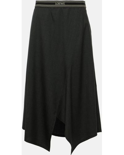Loewe Logo-embroidered Asymmetric Wool Midi Skirt - Black