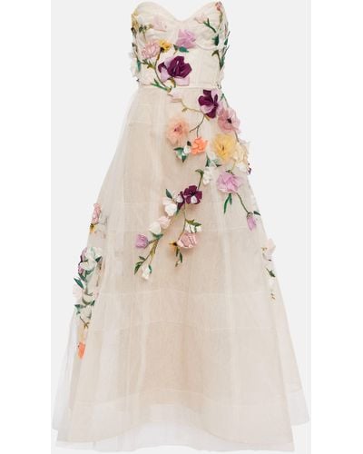 Monique Lhuillier Floral Embroidered Tulle Gown - Natural