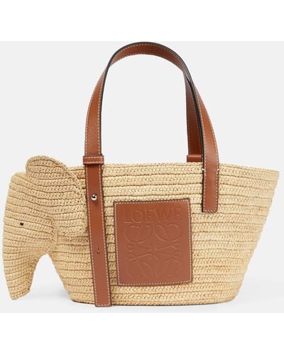 Loewe Elephant Small Raffia And Leather Tote - Brown