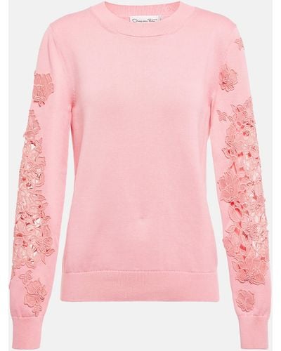 Oscar de la Renta Appliqued Cotton Sweater - Pink