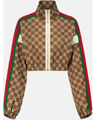 Gucci Cropped Webbing-trimmed Printed Tech-jersey Track Jacket - Brown