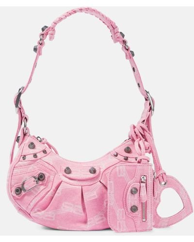 Balenciaga Le Cagole Xs Studded Printed Denim Shoulder Bag - Pink
