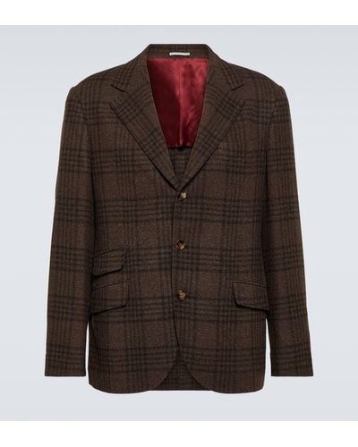 Brunello Cucinelli Tartan Wool, Silk, And Cashmere Blazer - Brown