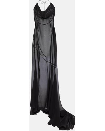 Alessandra Rich Silk Georgette Train Long Dress - Black