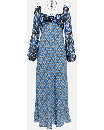 RIXO London Jeanie Printed Halterneck Midi Dress - Blue