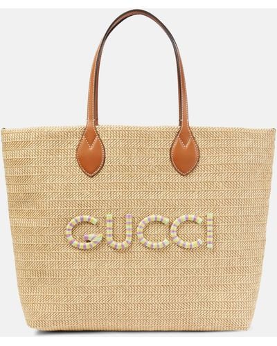 Gucci Medium Logo Raffia-effect Tote Bag - Natural