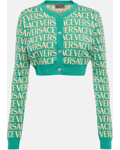 Versace Allover Cotton-blend Cropped Cardigan - Green