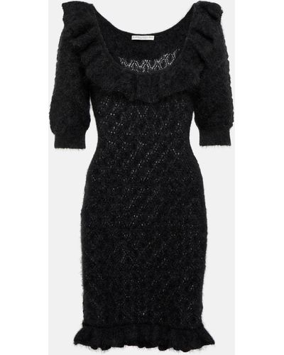 Alessandra Rich Ruffle-trim Pointelle-knit Dress - Black
