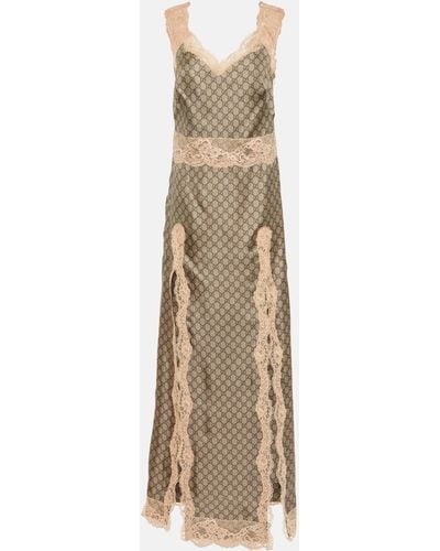 Gucci Lace-trimmed Printed Silk-twill Maxi Dress - Natural