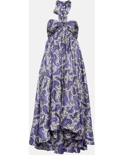 Zimmermann Devi Pleated Printed Silk Halterneck Midi Dress - Purple