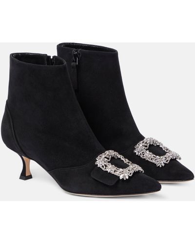 Manolo Blahnik Baylow Embellished Suede Ankle Boots - Black