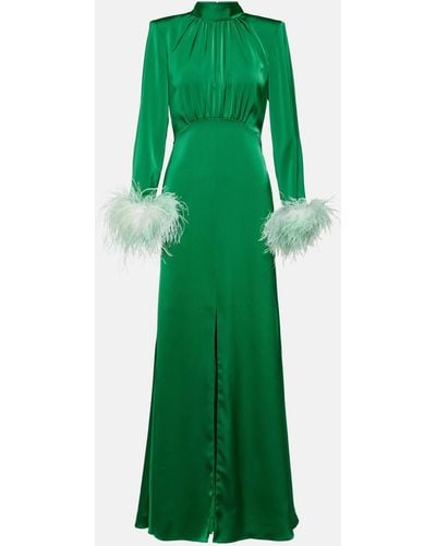 Self-Portrait Feather-trimmed Satin Gown - Green