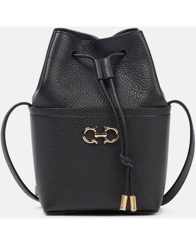 Ferragamo Gancino Mini Leather Bucket Bag - Black