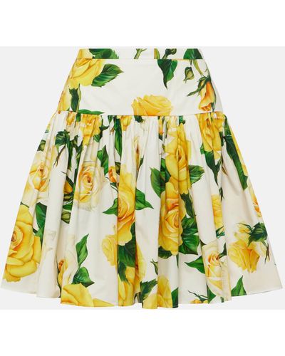 Dolce & Gabbana Short Circle Skirt In Yellow Rose-print Cotton