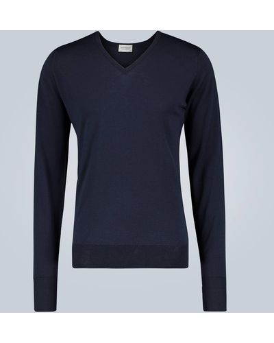 John Smedley Wool V-neck Sweater - Blue