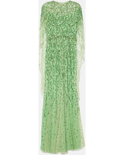 Jenny Packham Delphine Cape-effect Embellished Tulle Gown - Green