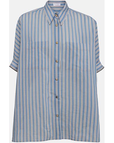 Brunello Cucinelli Oversized Striped Cotton And Silk Shirt - Blue