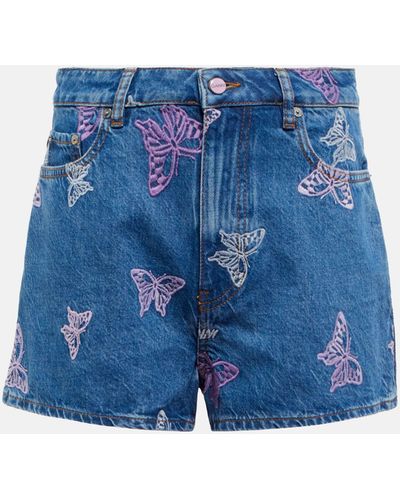 Ganni Embroidered Denim Shorts - Blue
