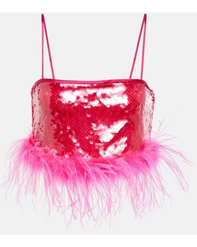 GIUSEPPE DI MORABITO Sequined Feather-trimmed Crop Top - Pink