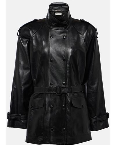 Saint Laurent High-neck Belted Leather Jacket - Black