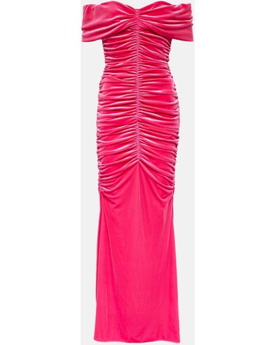 Monique Lhuillier Ruched Off-shoulder Velvet Gown - Pink
