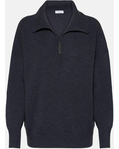 Brunello Cucinelli Ribbed-knit Cashmere Polo Sweater - Blue