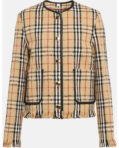 Burberry Vintage Check Boucle Collarless Leather-trim Wool-blend Jacket - Multicolour