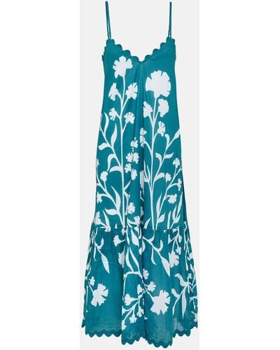Juliet Dunn Floral Scalloped Cotton Maxi Dress - Blue