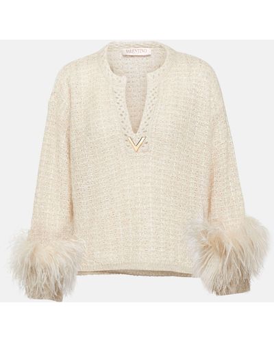 Valentino Vgold Feather-trimmed Lame Sweater - Natural