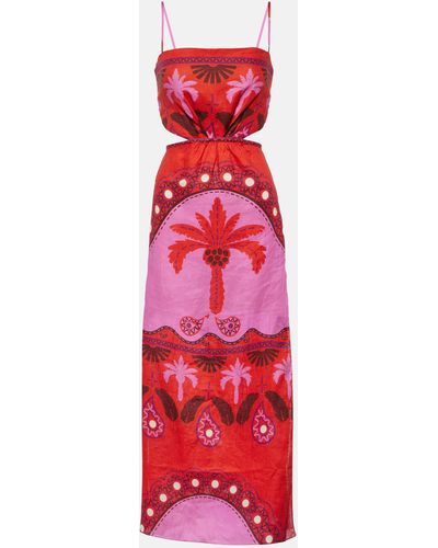 Johanna Ortiz Printed Cutout Linen Midi Dress - Red