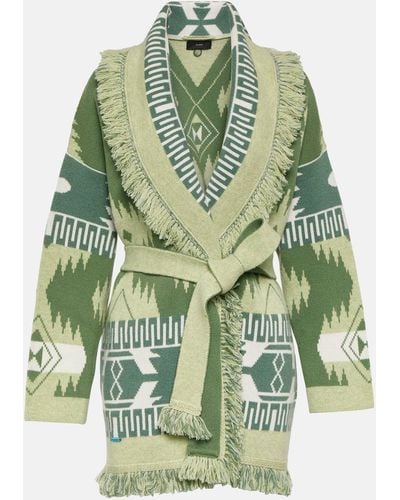 Alanui Icon Belted Fringed Jacquard-knit Cashmere Cardigan - Green