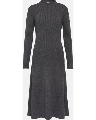 Moncler Ribbed-knit Wool Blend Midi Dress - Black