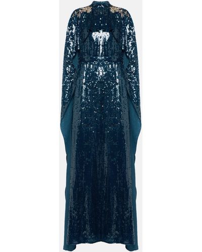 Erdem Caped Sequined Gown - Blue