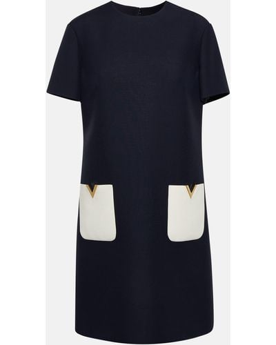 Valentino Patch-pocket Round-neck Wool And Silk-blend Mini Dress - Blue