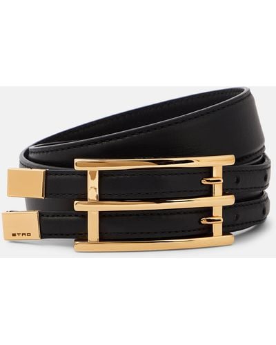 Etro Double Buckle Slim Leather Belt - Black