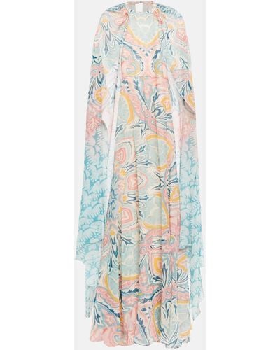 Etro Long Dress With Floral Print All-over With Drape Effect Shrug Multicolour In Silk Woman - White