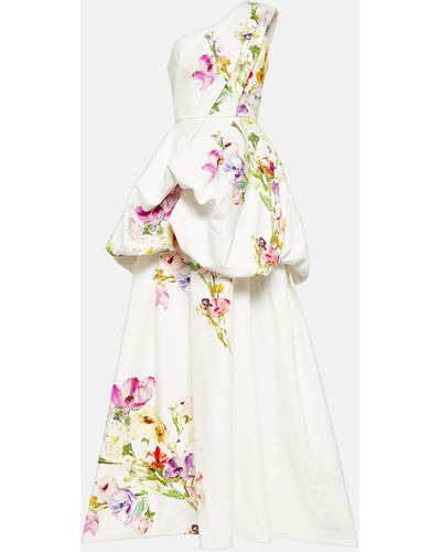 Monique Lhuillier Floral One-shoulder Cotton And Silk Maxi Gown - White