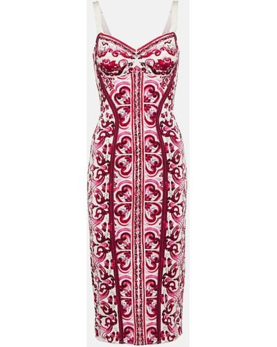 Dolce & Gabbana Majolica-Print Charmeuse Bustier Dress - Red