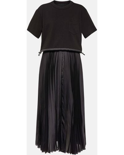 Sacai Pleated Jersey And Satin Midi Dress - Black