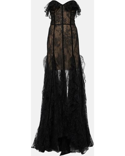 Costarellos Rosaline Strapless Velvet-trimmed Ruffled Lace Gown - Black