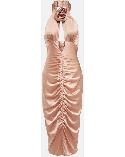 Alessandra Rich Ruched Cutout Satin Midi Dress - Pink