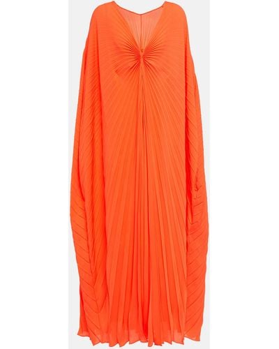 Valentino Pleated Silk Midi Dress - Orange