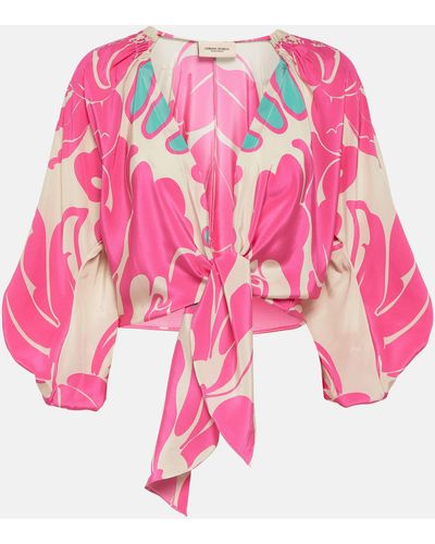Adriana Degreas Printed Puff-sleeve Silk Blouse - Pink
